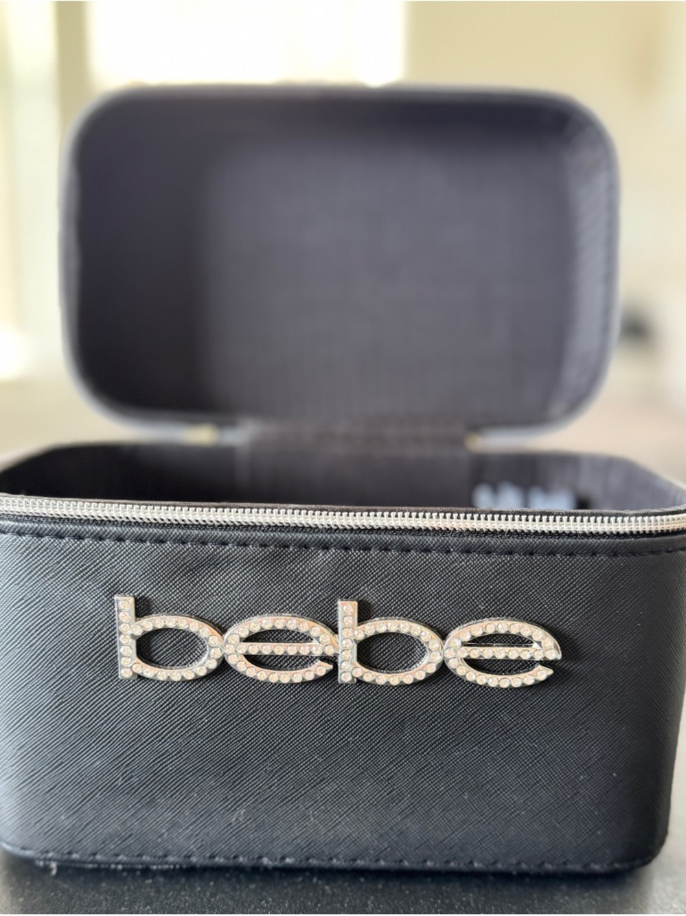 Black “Bebe” Bling Rhinestone Logo Hard Shell Makeup Case with Top Handle - Picture 8 of 9